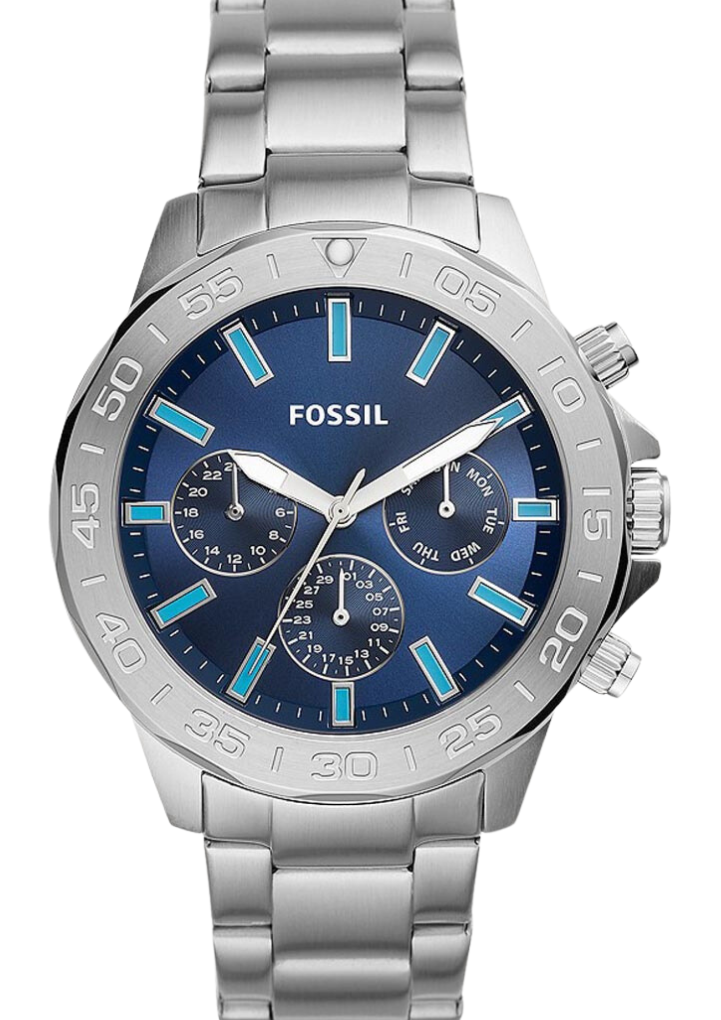Fossil Bannon silver stainless steel watch with blue dial and three chronograph subdials