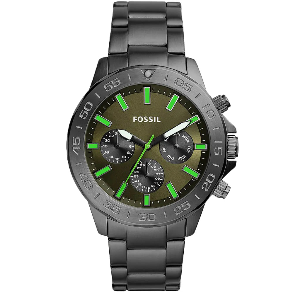Fossil Bannon green dial black chronograph watch with stainless steel bracelet