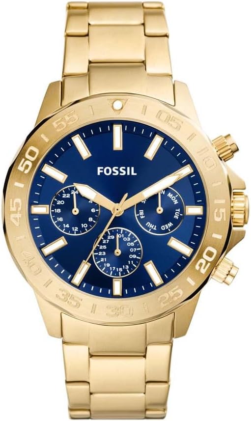 Fossil Bannon multifunction chronograph watch with gold-tone case and blue dial with three subdials