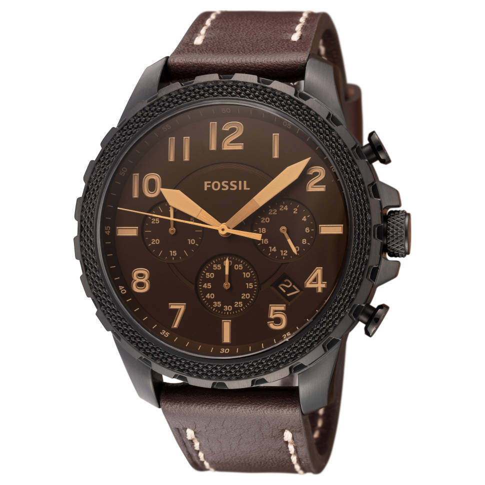 Fossil Bowman chronograph watch with dark dial, gold-tone numerals and hands, brown leather strap