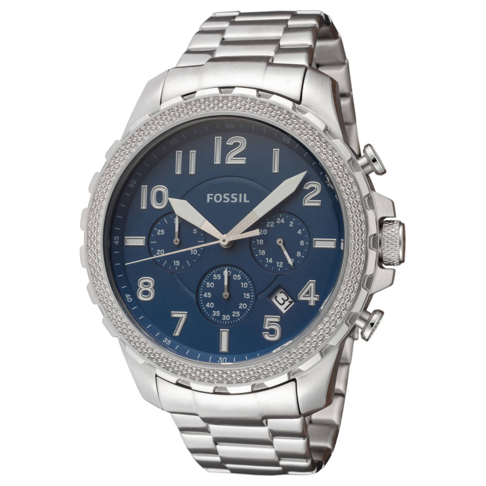 Fossil Bowman silver stainless steel men's chronograph watch with blue dial and textured bezel