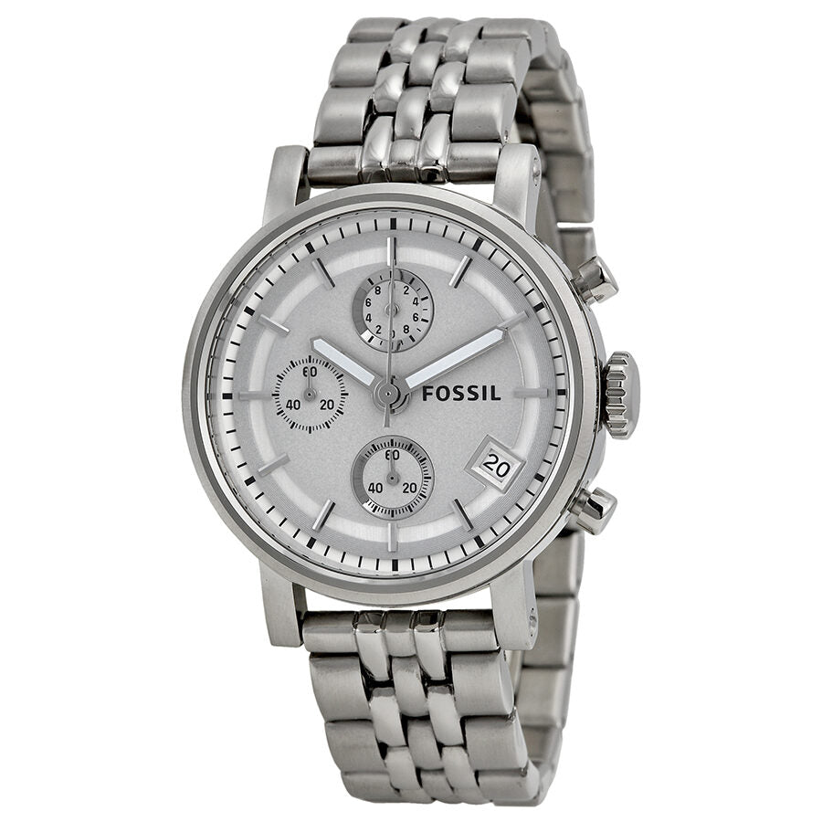 Fossil Boyfriend Chronograph stainless steel ladies watch with silver dial and chronograph subdials