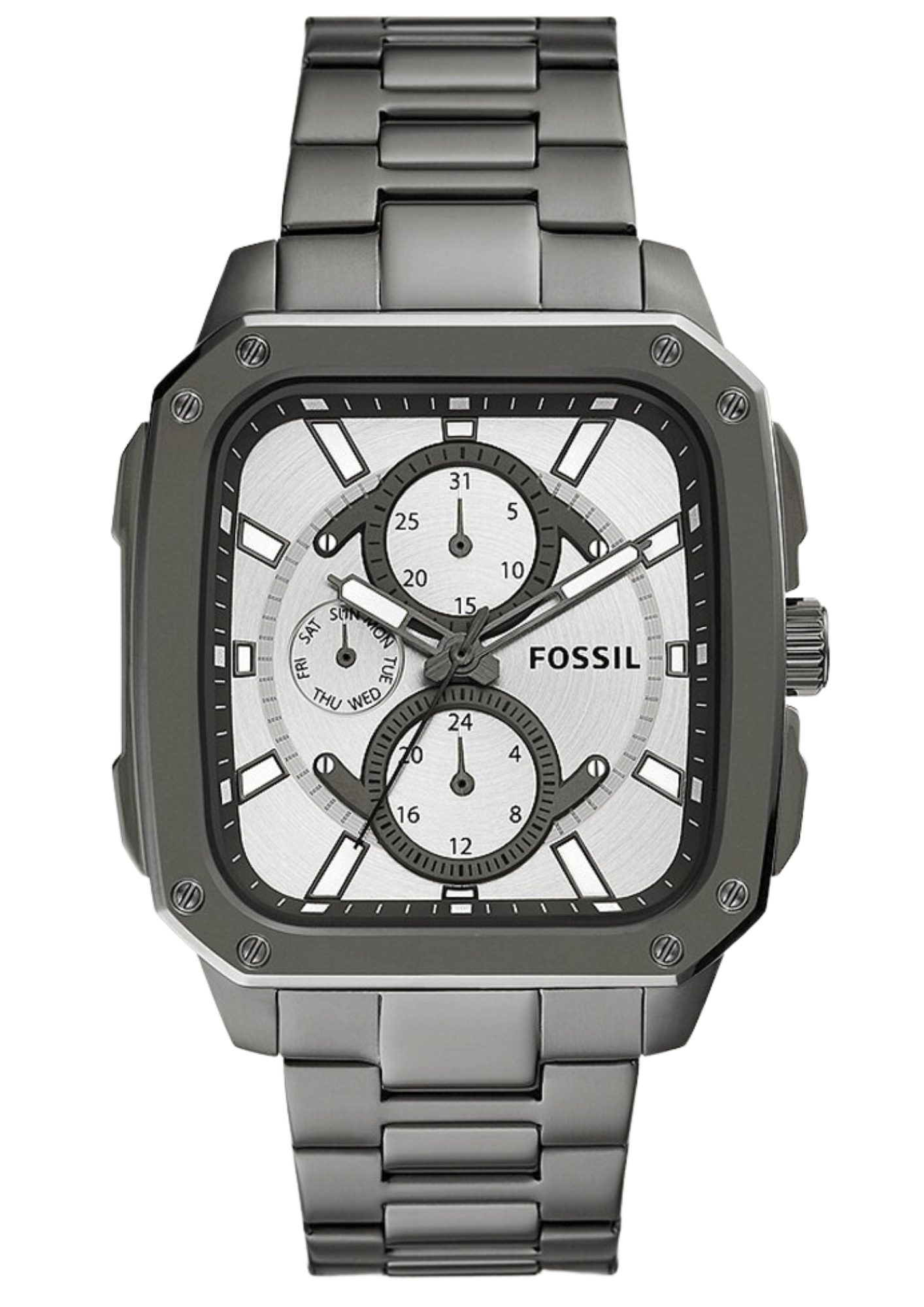 Fossil BQ2657 gunmetal stainless steel multifunction watch with square case and white dial