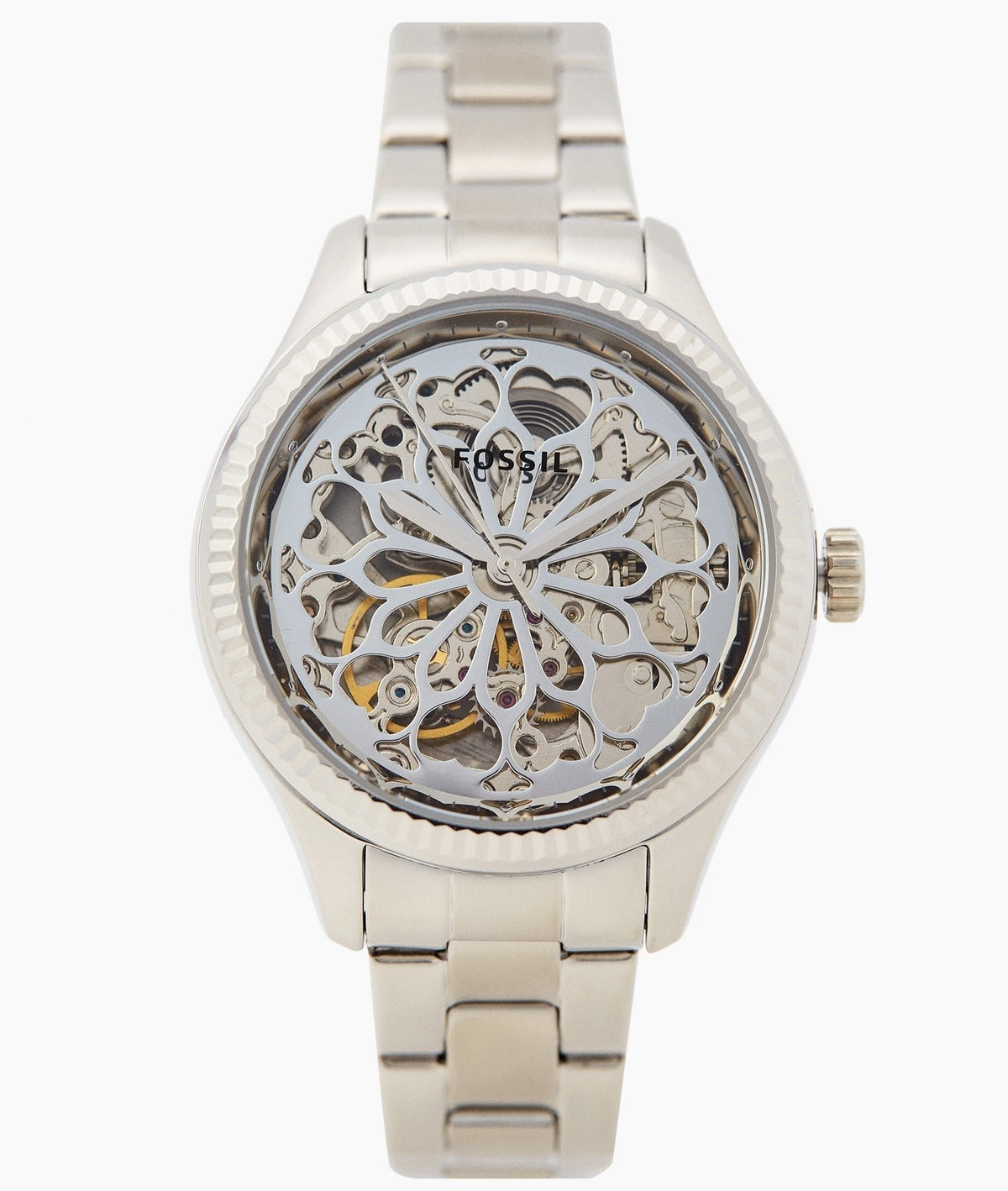 Fossil BQ3753 Minimalist skeleton dial with three-hand movement and stainless steel band