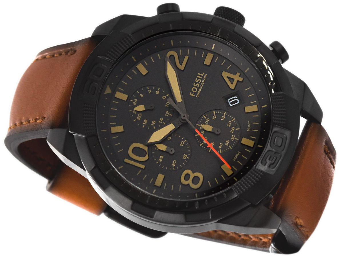 Fossil Bronson FS5714 watch angled view showing black chronograph case with champagne dial and brown leather strap