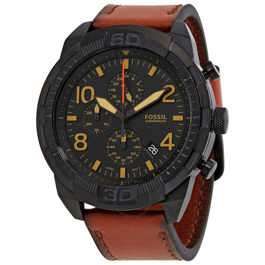 Fossil Bronson FS5714 chronograph watch on wrist showing black case and brown leather band from angle view