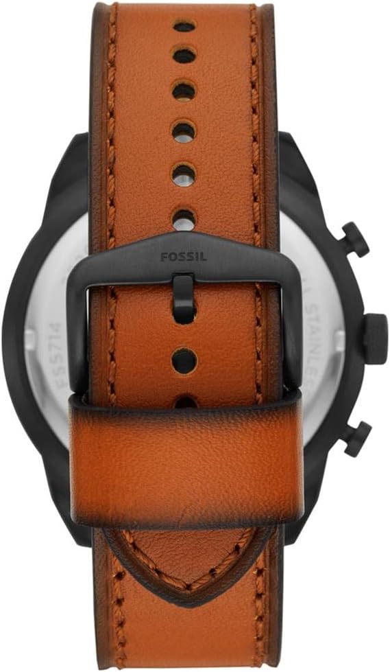 Fossil Bronson FS5714 watch caseback view showing brown leather strap with stitching and black stainless steel case back