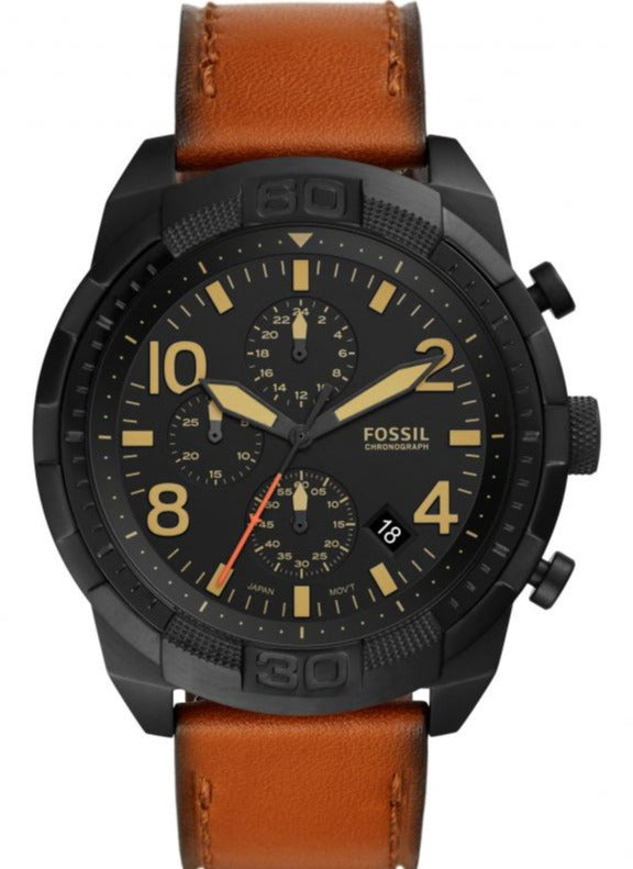 Fossil Bronson FS5714 chronograph watch with black-tone stainless steel case and brown leather strap