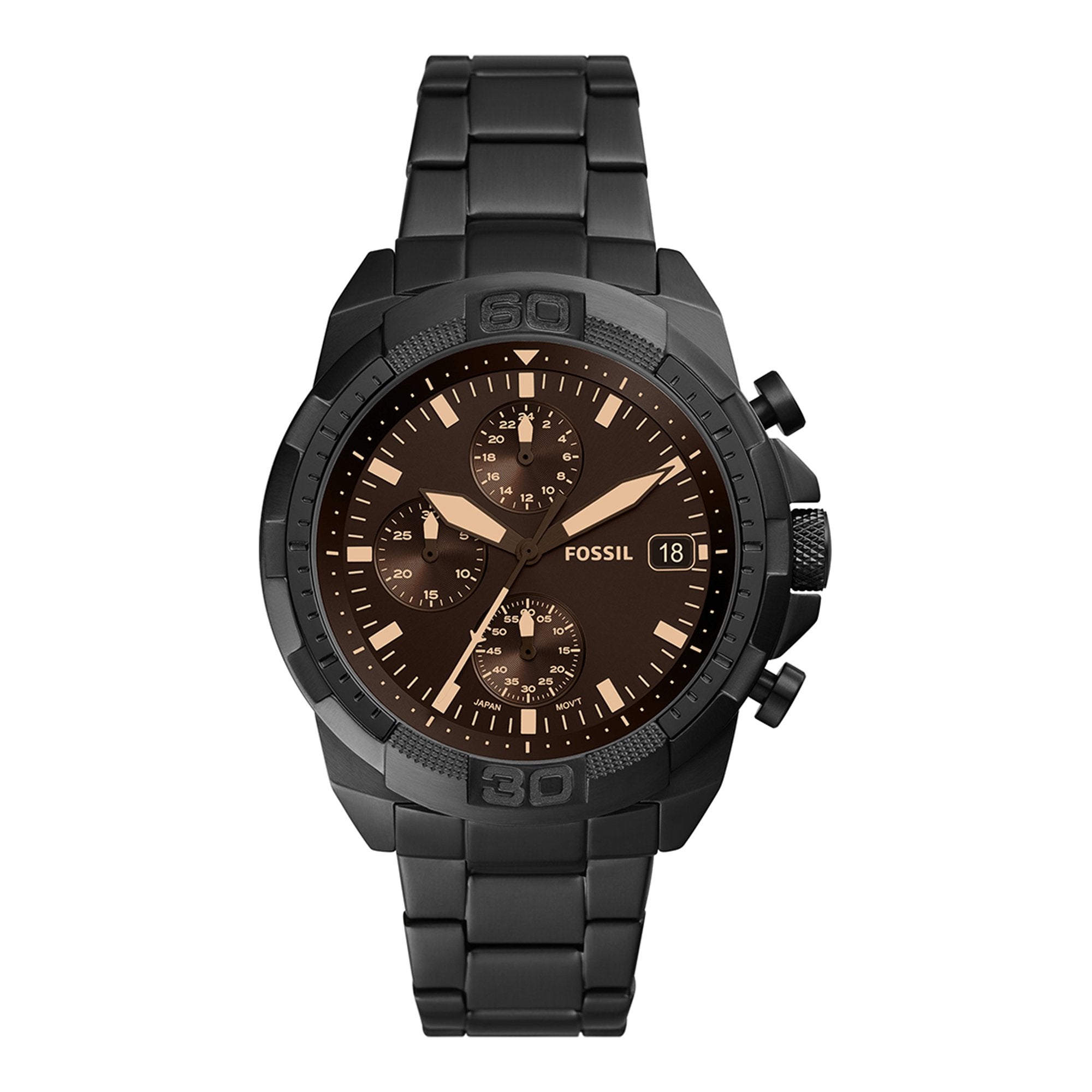 Fossil Bronson chronograph men's watch with black dial and black stainless steel bracelet