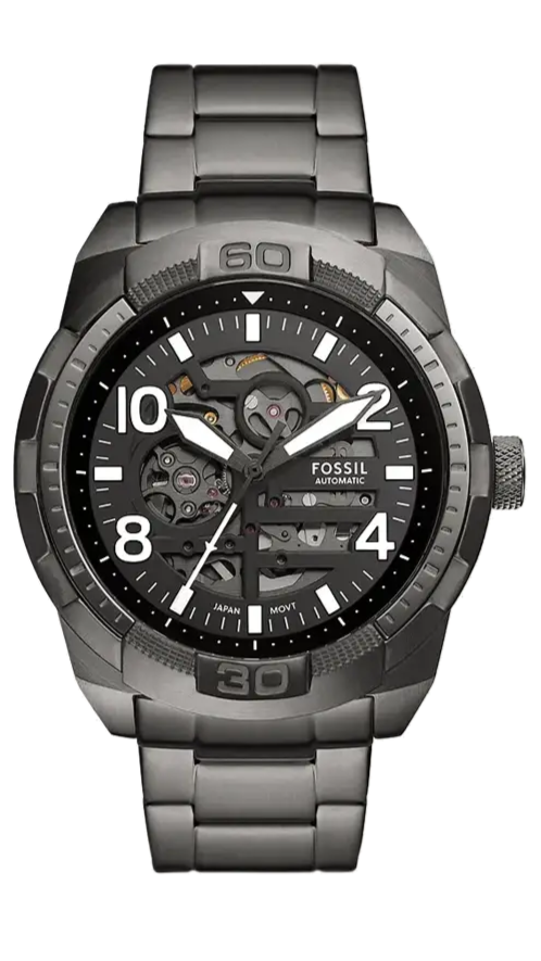 Fossil Bronson smoke stainless steel automatic watch with black skeleton dial and Arabic numerals
