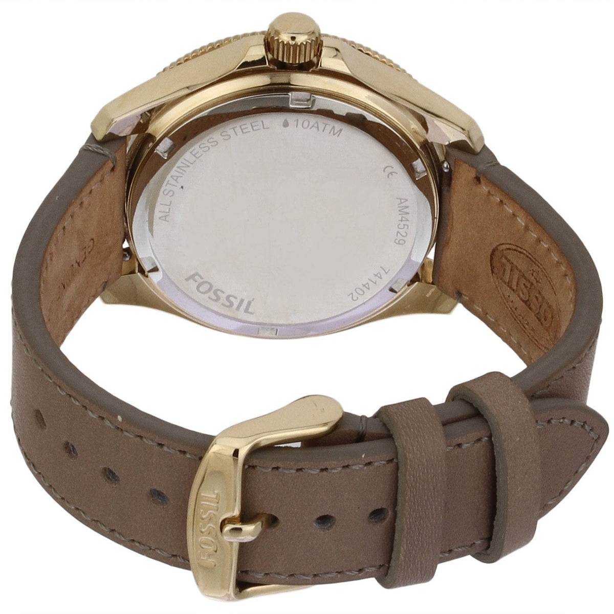 Caseback view of Fossil Cecile watch with grey leather strap and gold-tone buckle