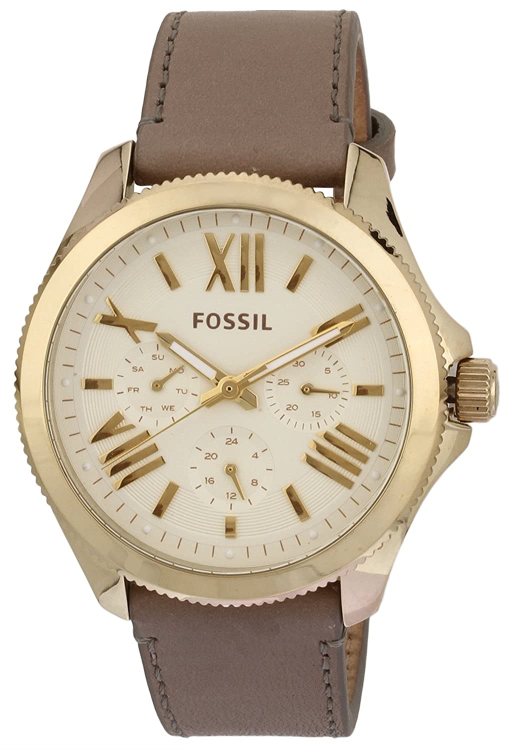 Fossil Cecile champagne dial ladies watch with Roman numerals and gold-tone case on grey leather strap