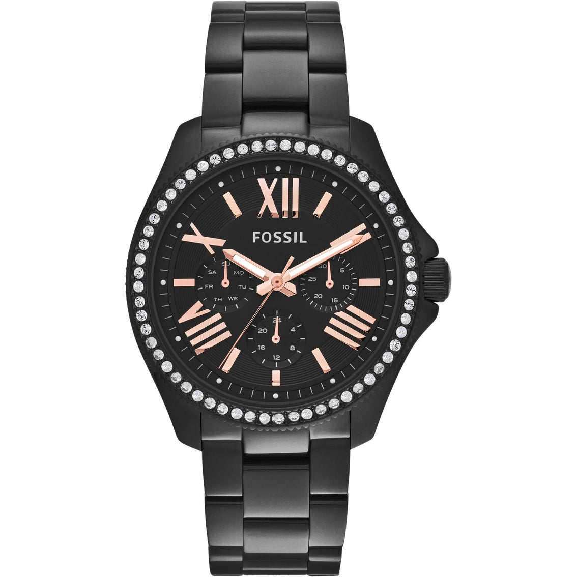 Fossil Cecile multi-function black dial watch with rose gold accents and crystal-studded bezel
