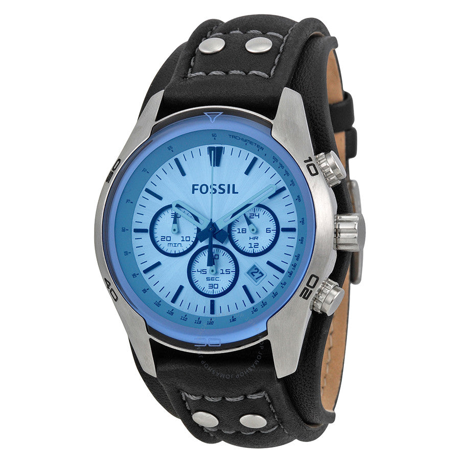 Fossil CH2564 chronograph watch with blue dial and black leather strap