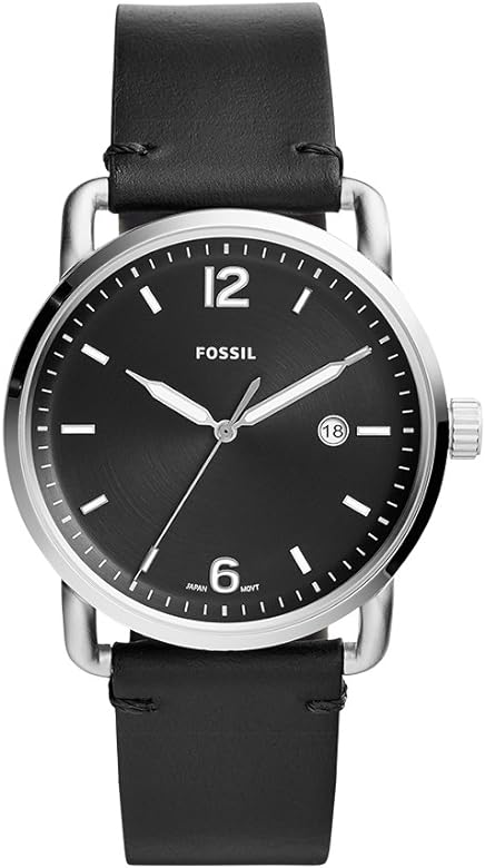 Fossil Commuter watch with black dial, silver-tone case, white hands, and black leather strap