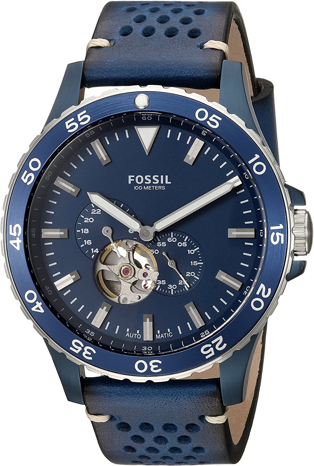 Fossil Crewmaster Sports automatic blue dial watch with leather strap and rotating bezel