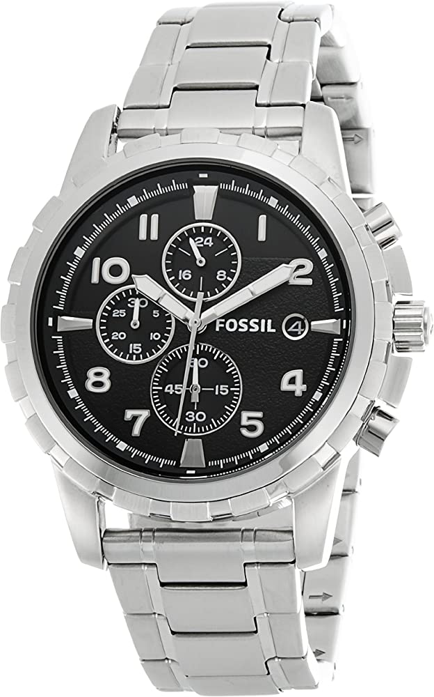Fossil Dean chronograph watch with black dial and three subdials, stainless steel case and bracelet
