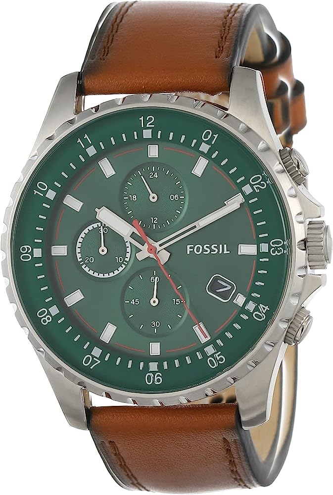 Fossil Dillinger chronograph watch with green dial, brown leather strap, and stainless steel case