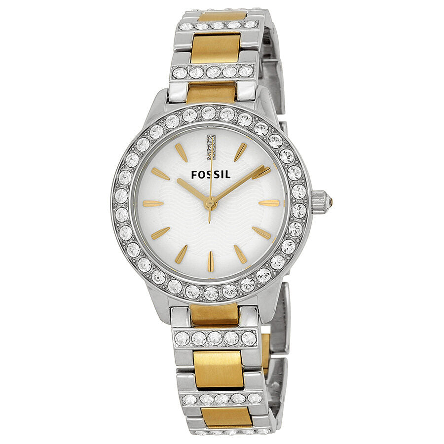 Fossil ES2409 women's watch with white dial, two-tone bracelet, and crystal bezel