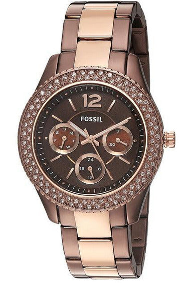 Fossil ES4079 women's chronograph watch with brown dial, diamond-set bezel, and two-tone brown steel bracelet