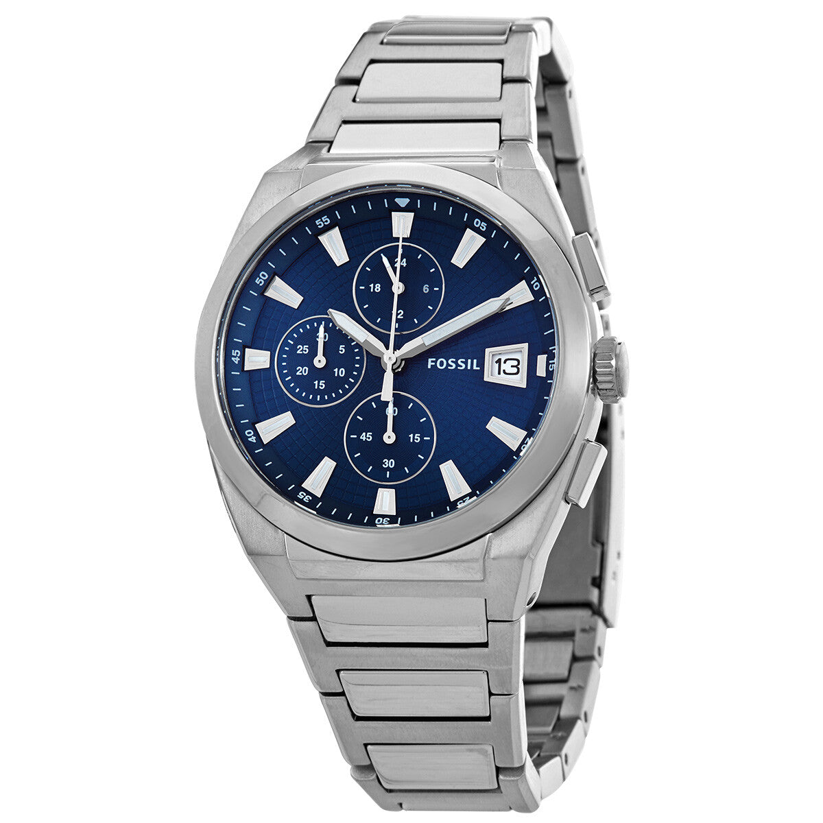Fossil Everett chronograph watch with blue dial, three subdials, date window, and stainless steel bracelet