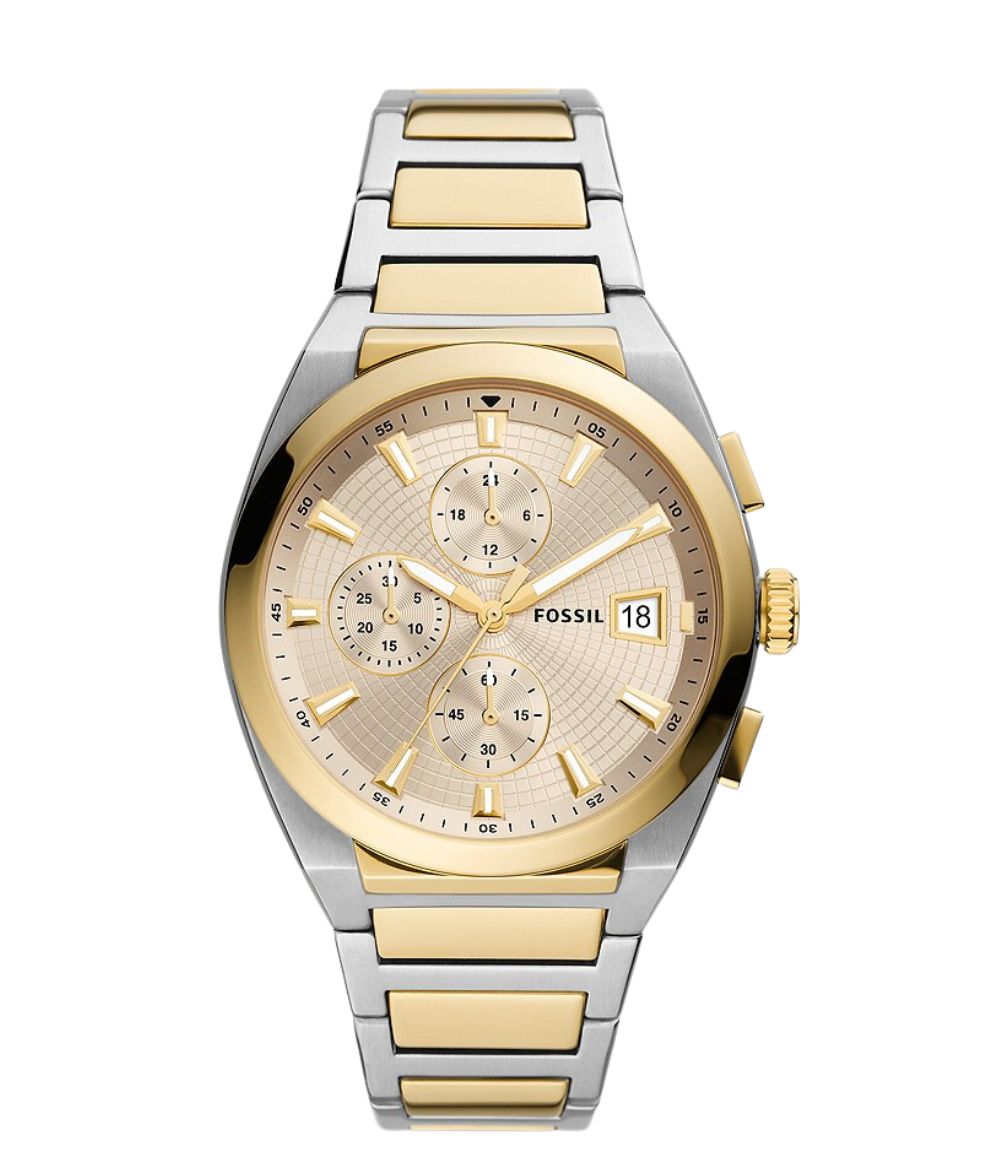 Fossil Everett chronograph watch with cream dial, two-tone steel case and bracelet, date window