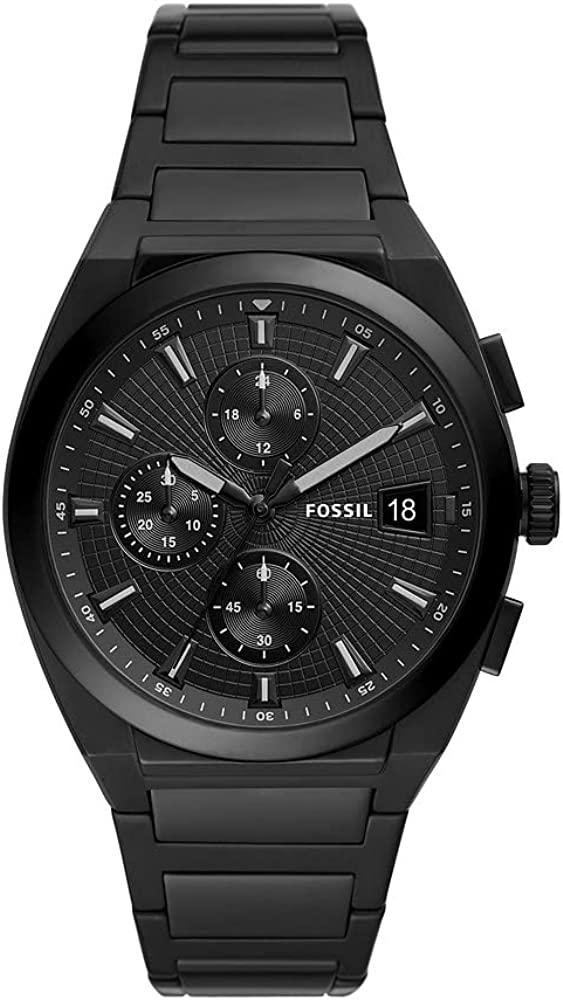 Fossil Everett chronograph watch with black dial and stainless steel bracelet, front view