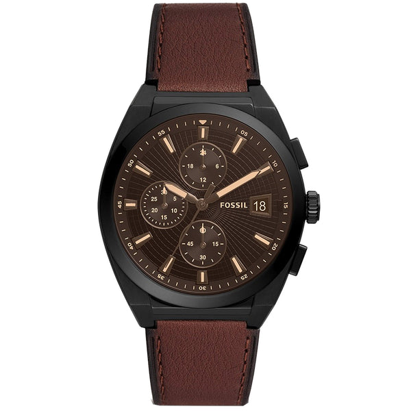 Fossil Everett chronograph men's watch with black dial, rose gold indices, and brown leather strap