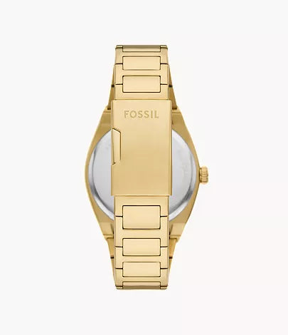 Fossil Everett watch caseback showing gold-tone stainless steel and Fossil branding