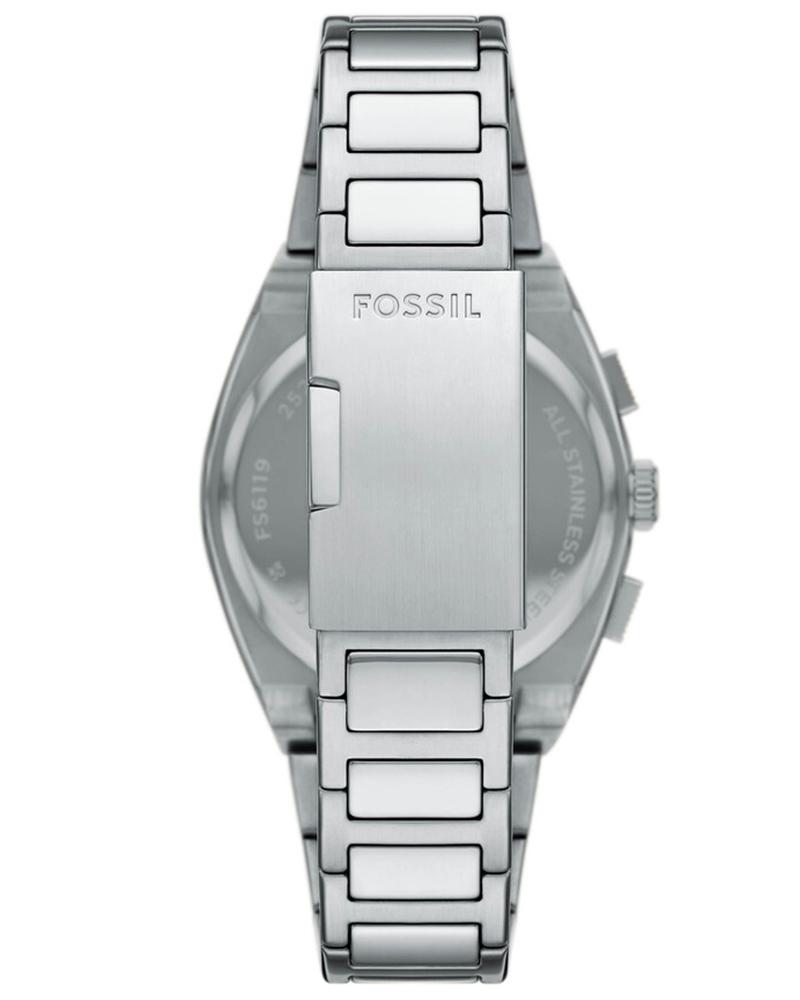 Caseback view of Fossil Everett watch showing stainless steel bracelet and case