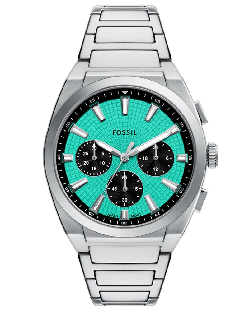 Fossil Everett chronograph watch with turquoise dial, black subdials, and stainless steel bracelet