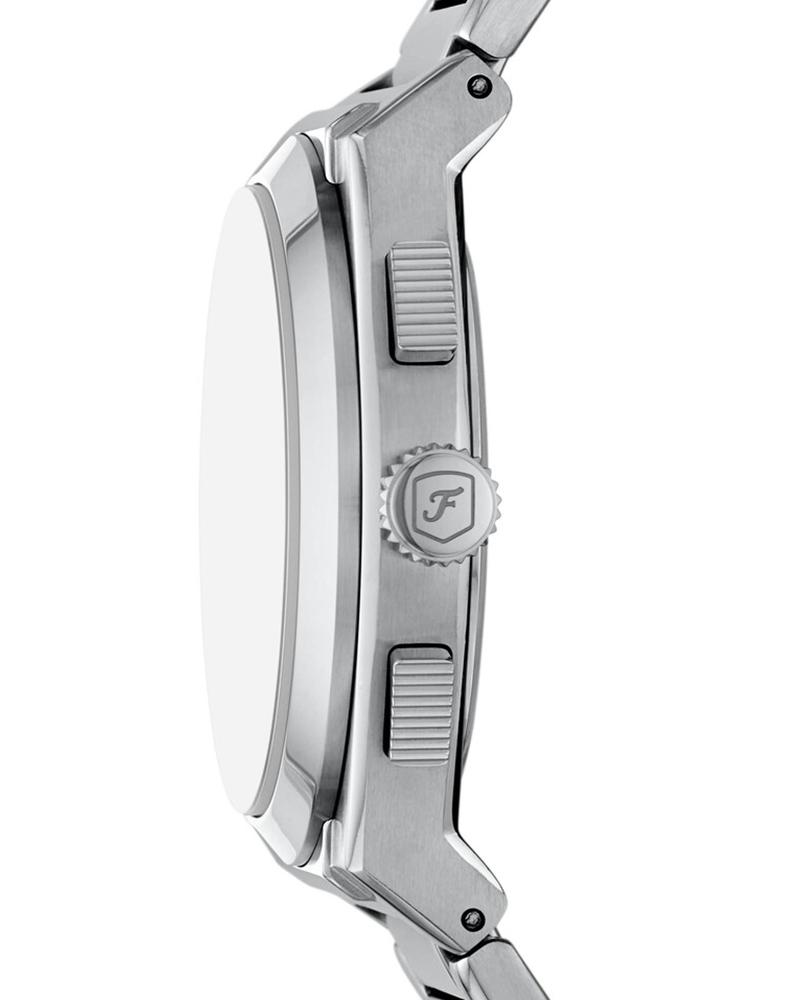 Side view of Fossil Everett watch showing stainless steel case and bracelet profile