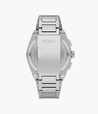 Fossil Everett watch caseback showing stainless steel case with Fossil branding