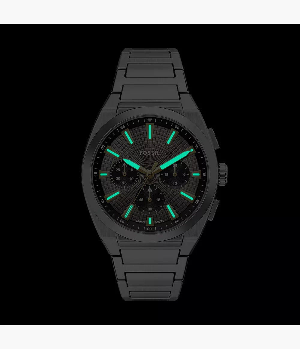 Fossil Everett chronograph dial with luminous hands and indices, three subdials visible