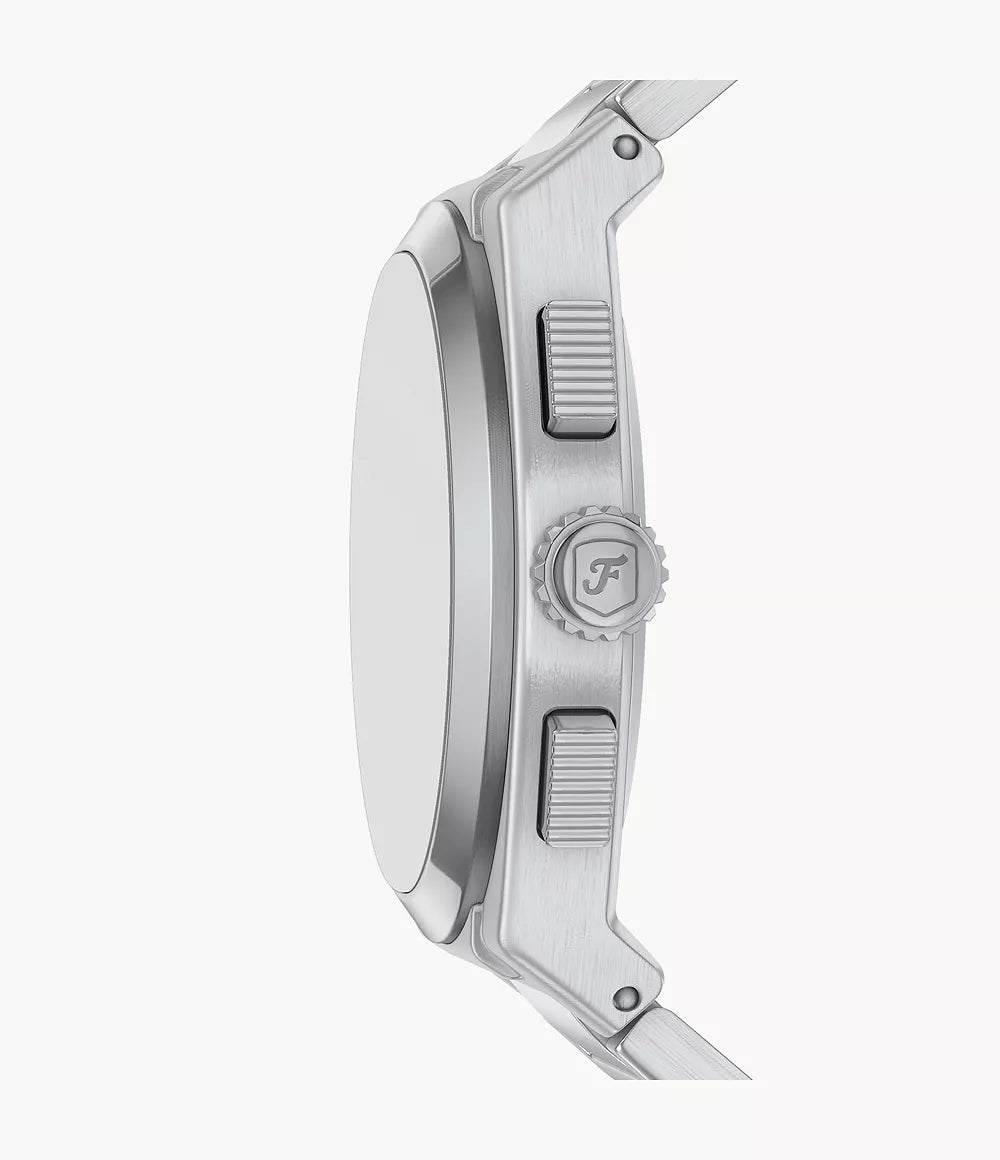 Fossil Everett watch side profile showing chronograph pushers and stainless steel case