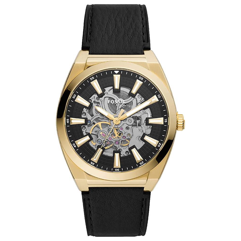 Fossil Everett automatic watch with gold-tone case, skeleton black dial, and black leather strap