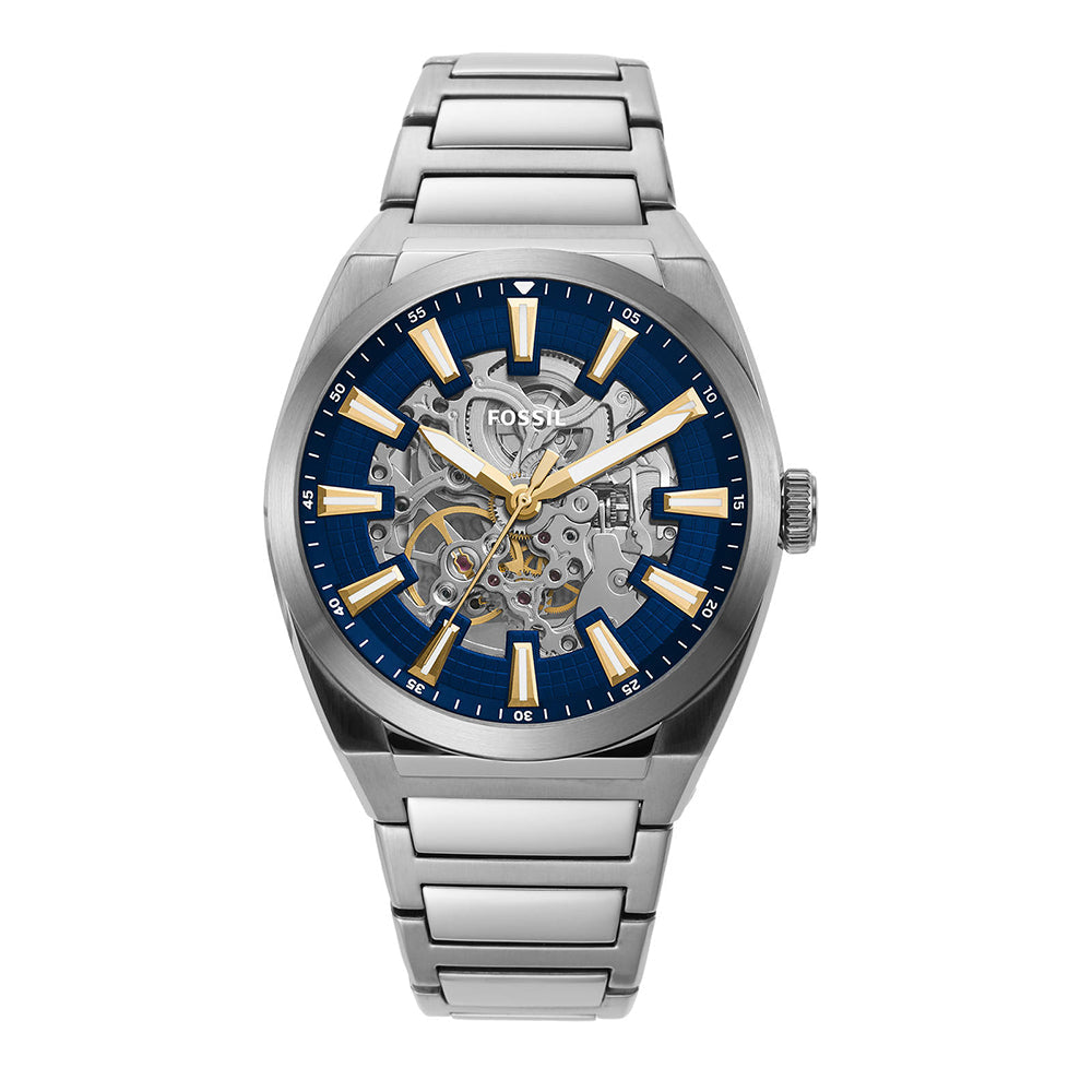 Fossil Everett automatic men's watch with blue dial, skeleton center, stainless steel case and bracelet