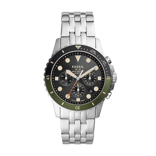Fossil FB-01 FS5864 silver chronograph men's watch with black dial, luminous hands, and green bezel