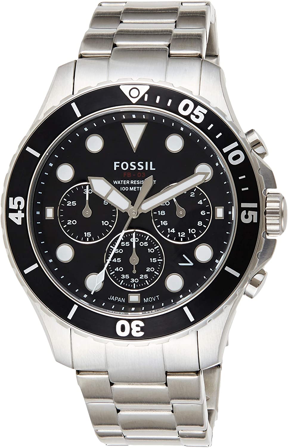 Fossil FB-03 chronograph watch with black dial, stainless steel case and bracelet, rotating bezel