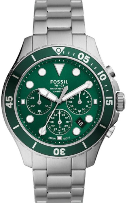 Fossil FB-03 silver chronograph watch with green dial and three subdials