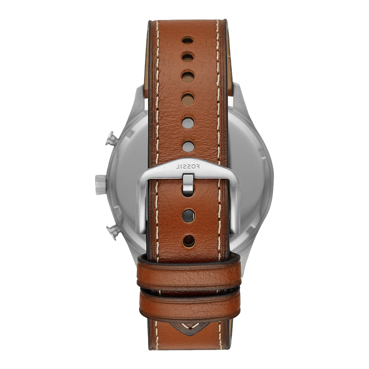 Caseback view of Fossil Forrester watch showing brown leather strap and buckle