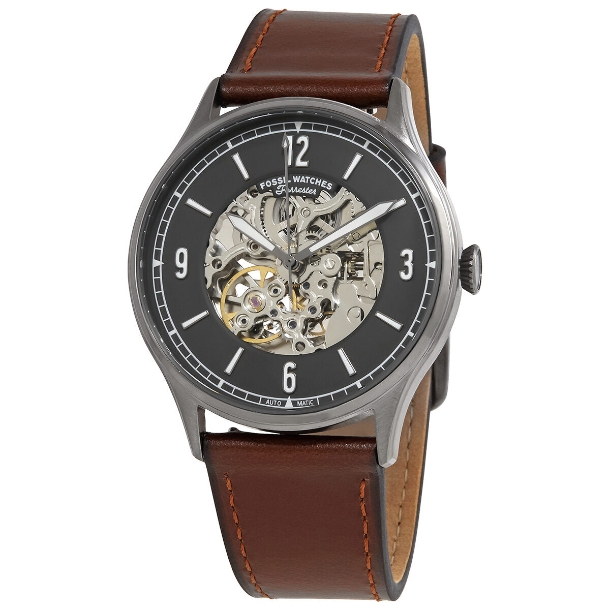 Fossil Forrester automatic men's watch with grey skeleton dial, grey case, brown leather strap, and visible movement