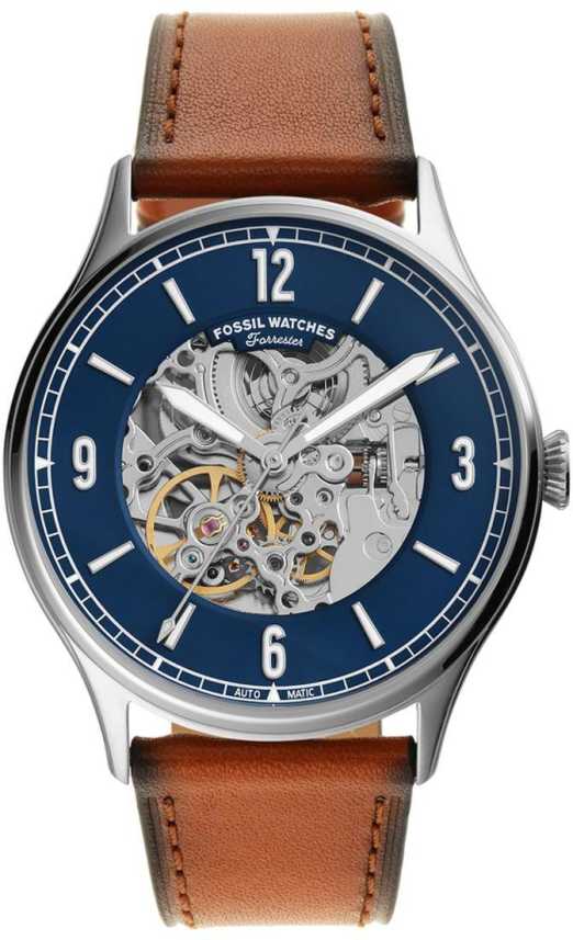 Fossil Forrester automatic watch with blue skeleton dial, stainless steel case, and brown leather strap