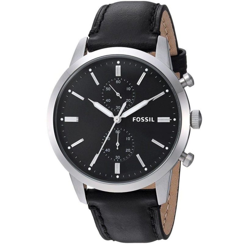 Fossil FS5396 black dial chronograph watch with silver case and black leather strap