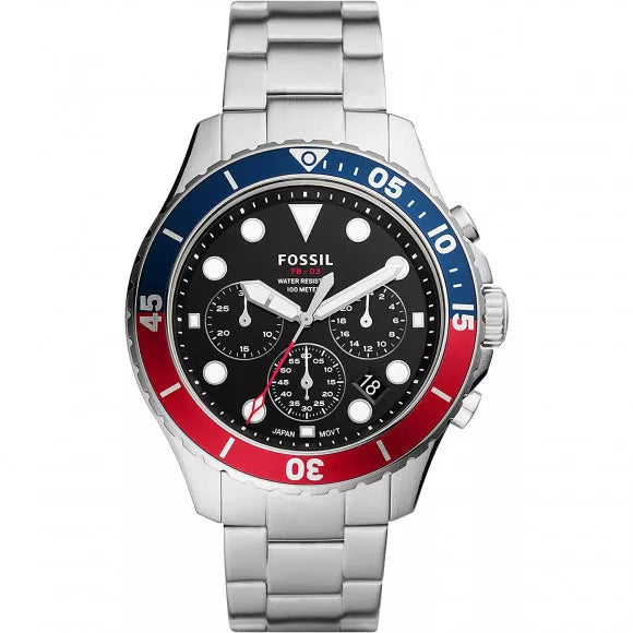 Fossil FS5767 chronograph men's watch with black dial, blue and red bezel, stainless steel bracelet