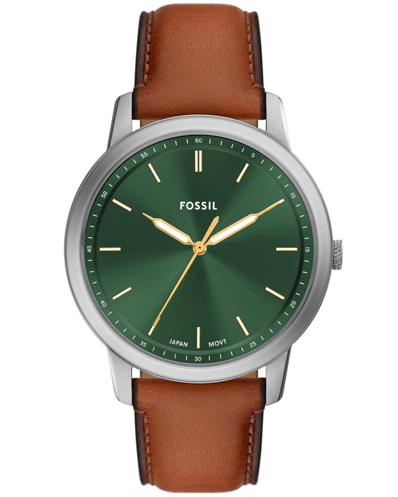 Fossil FS6094 minimalist men's watch with green dial, silver case, and brown leather strap