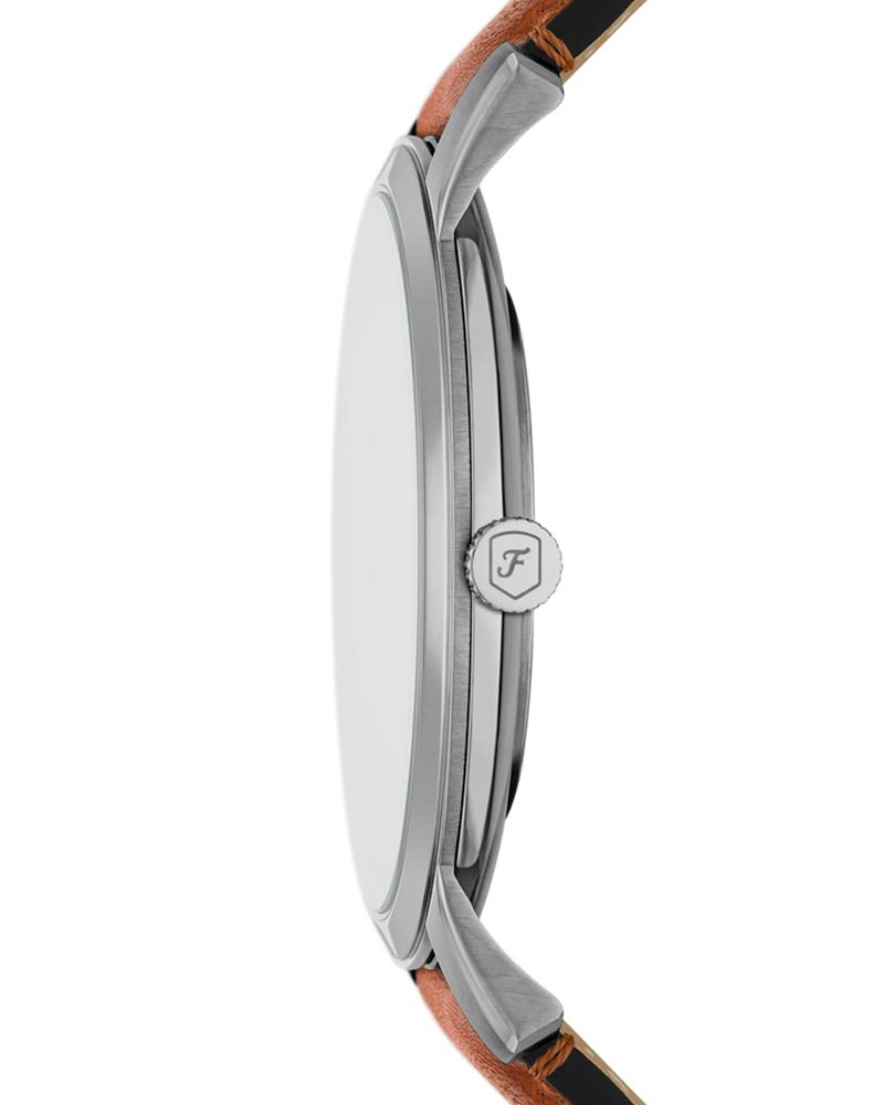 Fossil FS6094 watch shown from side profile with brown leather strap and thin case