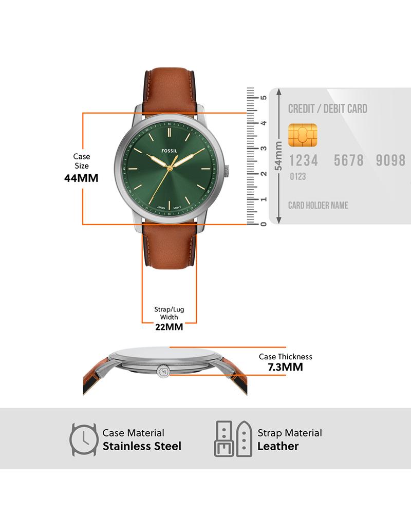 Fossil FS6094 specifications showing 44mm case width, 22mm strap width, 7.3mm case thickness