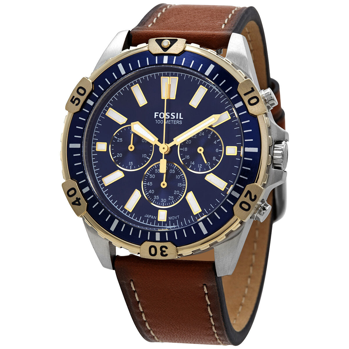 Fossil Garrett chronograph watch with blue dial, gold accents, brown leather strap