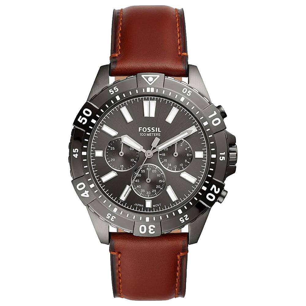 Fossil Garrett chronograph watch with grey dial, dark case, and brown leather strap